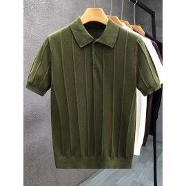 Luxury Knit Short Sleeve Polo Shirt for Men | Summer New Solid Color Lapel Collar Casual Tops, Button Details, Regular Fit